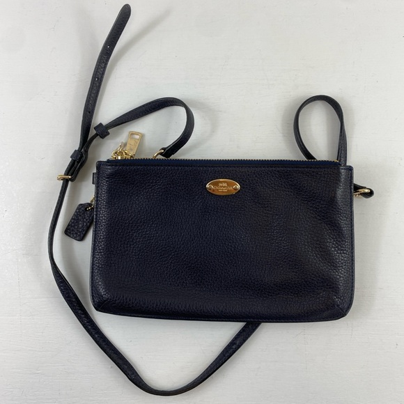 Coach Navy Blue Gold Accents Pebbled Leather Crossbody Wallet Bag - Picture 1 of 15